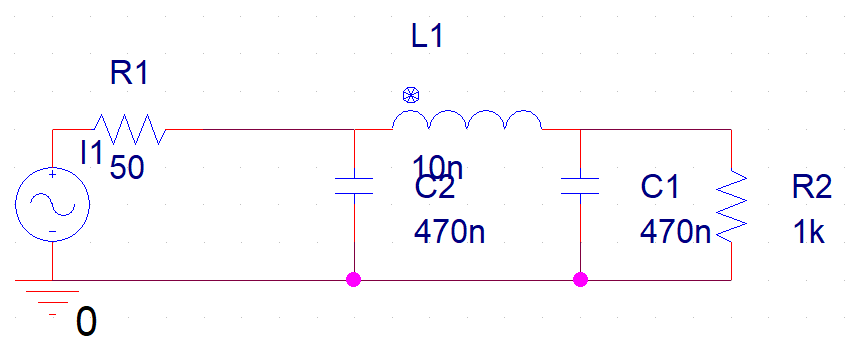 具有(yǒu)50 Ohm输出阻抗的FM源连接到Pi滤波器和下游负载（R2）