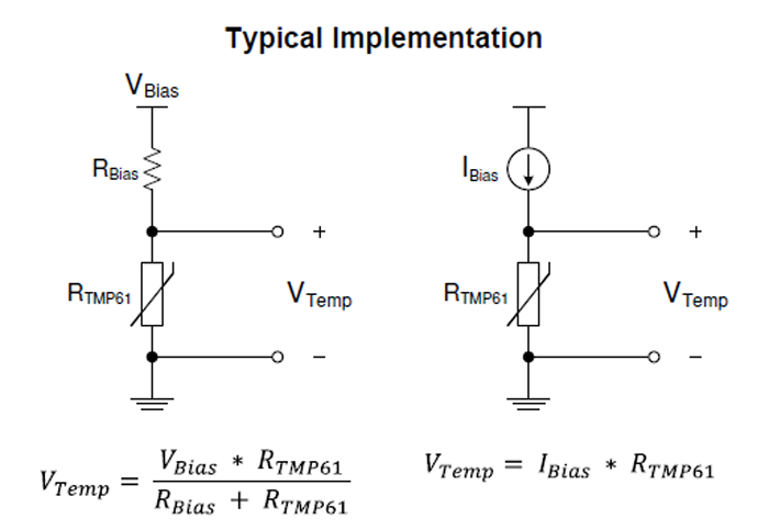 2.作為(wèi)電(diàn)阻组件，可(kě)以使用(yòng)電(diàn)压源（左）或電(diàn)流源（右）来驱动热敏電(diàn)阻。实际上，大多(duō)数電(diàn)压驱动電(diàn)路使用(yòng)比例布置来消除源漂移的影响